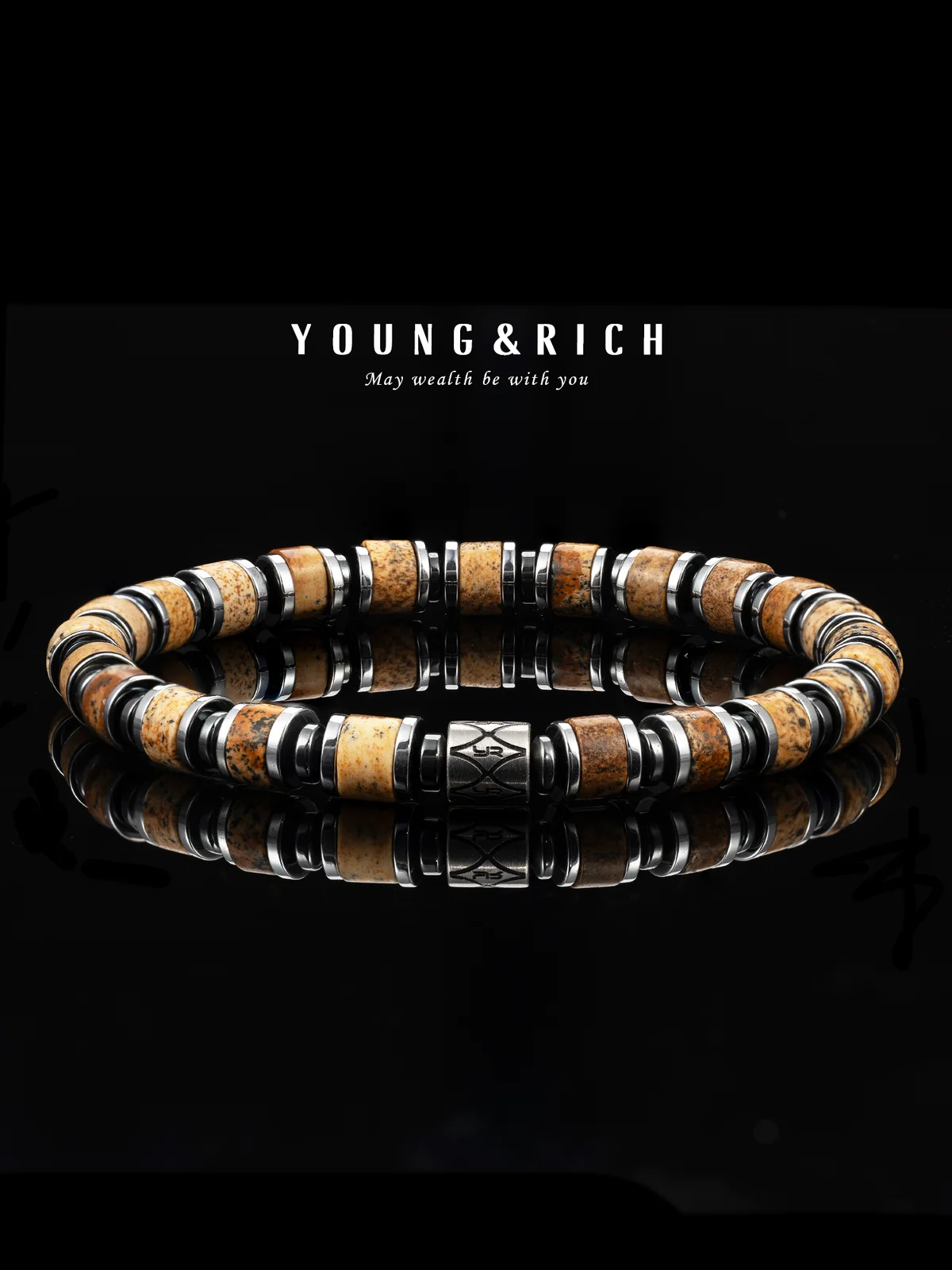 Titanium Steel Quartzite Bracelet Picture Stone Bracelet 6mm Niche Design Premium Unisex Fashion Accessory